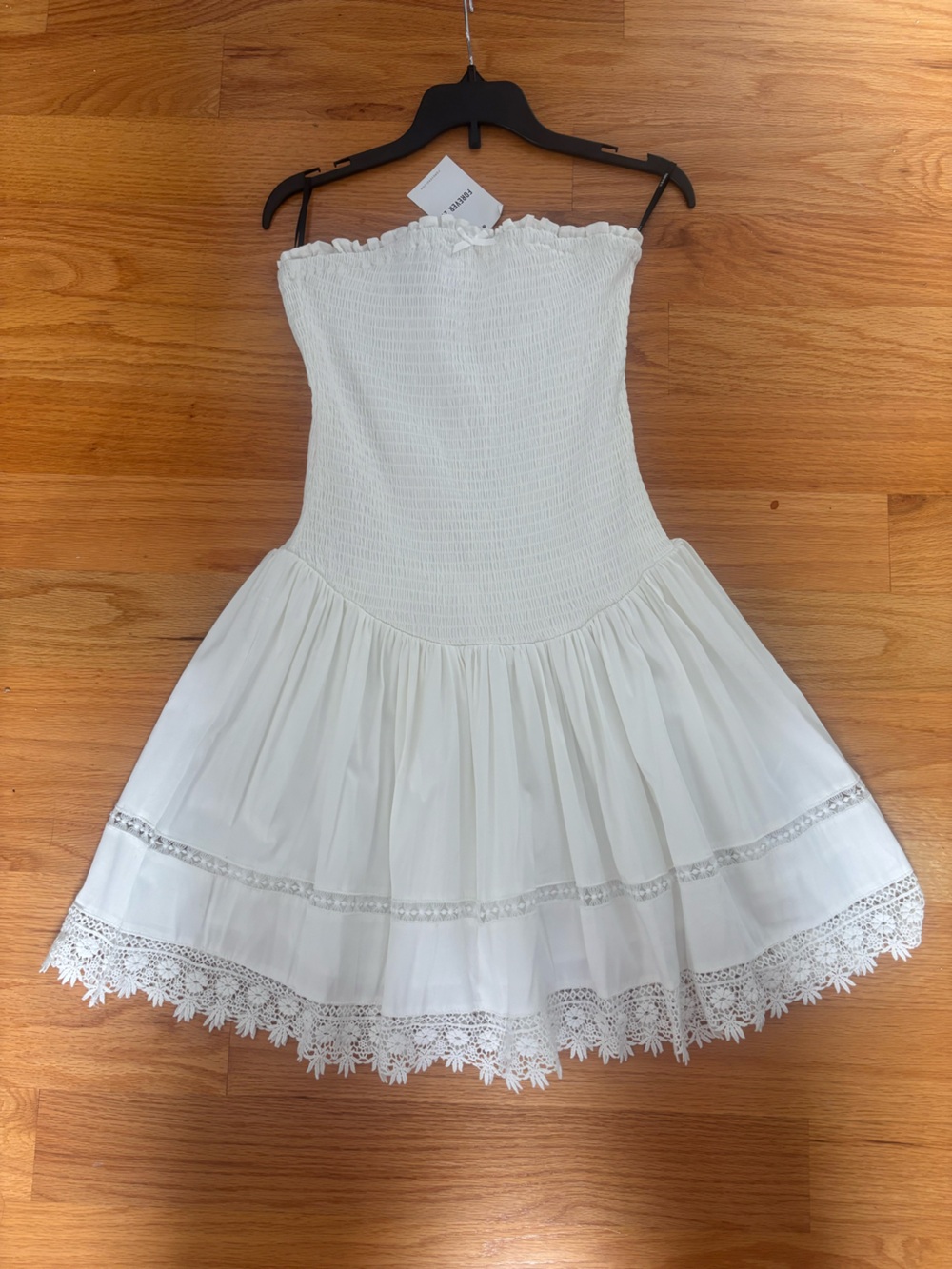 White Smocked Bodice Dress with Lace Trim - Picture 1 of 4